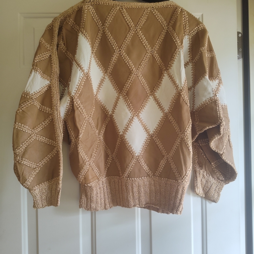 Women's Angel Tan and White Leather Diamond Patchwork Sweater  Size Large